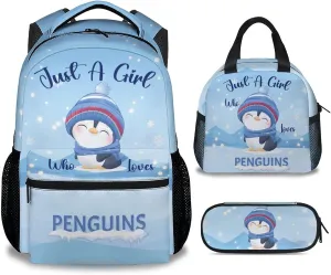 Penguin Backpack with Lunch Box Set for Girls Boys, 3 in 1 Primary Middle School Backpacks Matching Combo, Large Capacity, Durable, Lightweight, Blue Bookbag and Pencil Case Bundle