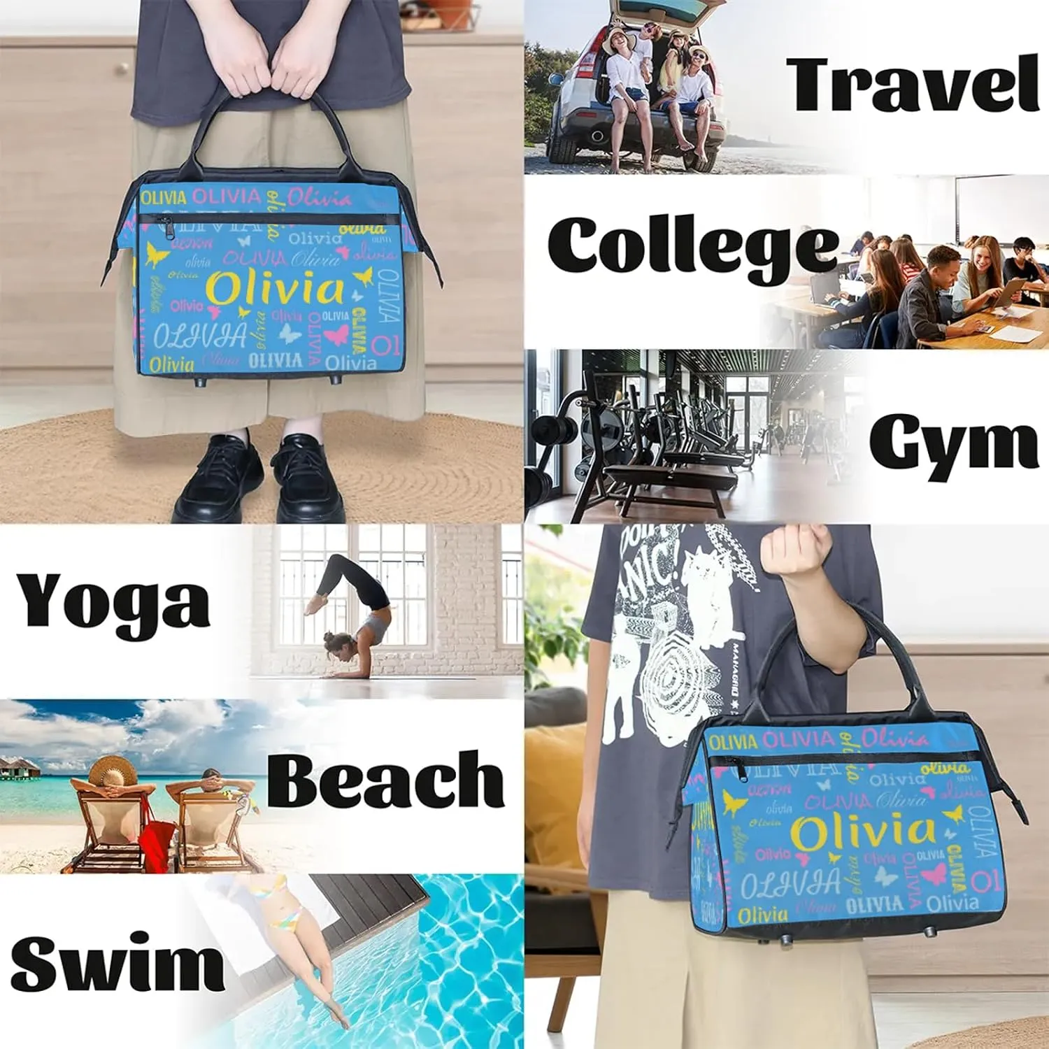 Personalized Butterfly Duffel Bag with Name Custom Travel Sports Bag for Women Men Waterproof Dance Ballet Bag Lightweight 15.2in, Blue