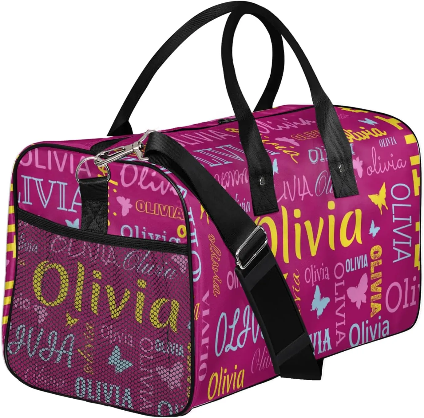 Personalized Butterfly Duffel Bag with Name Custom Travel Sports Bag for Women Men Waterproof Dance Ballet Bag Lightweight 17.4in, Berry