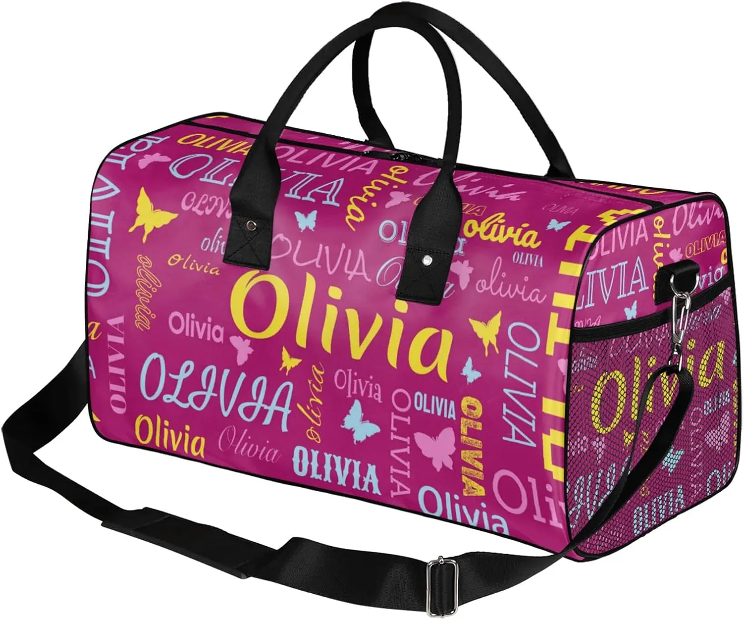 Personalized Butterfly Duffel Bag with Name Custom Travel Sports Bag for Women Men Waterproof Dance Ballet Bag Lightweight 17.4in, Berry