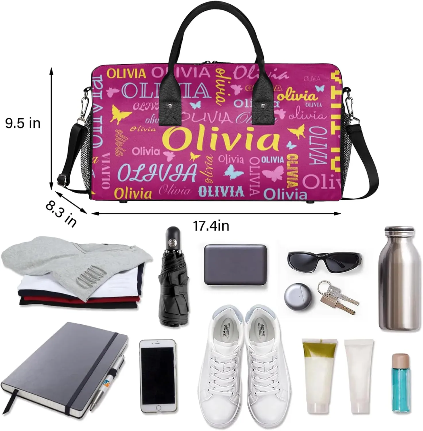Personalized Butterfly Duffel Bag with Name Custom Travel Sports Bag for Women Men Waterproof Dance Ballet Bag Lightweight 17.4in, Berry