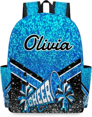 Personalized Cheer Backpacks for Cheerleader, Custom Name Large Capacity Casual Daypack, Blue Glitter 15 Inch Shoulder Bag