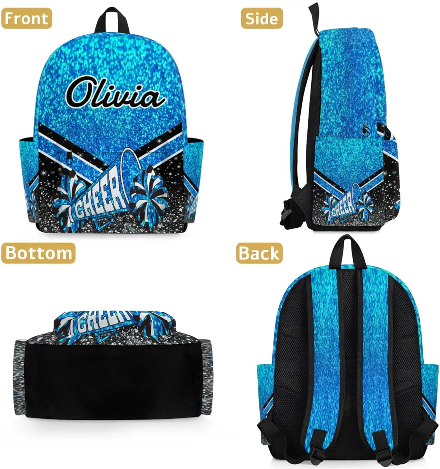 Personalized Cheer Backpacks for Cheerleader, Custom Name Large Capacity Casual Daypack, Blue Glitter 15 Inch Shoulder Bag