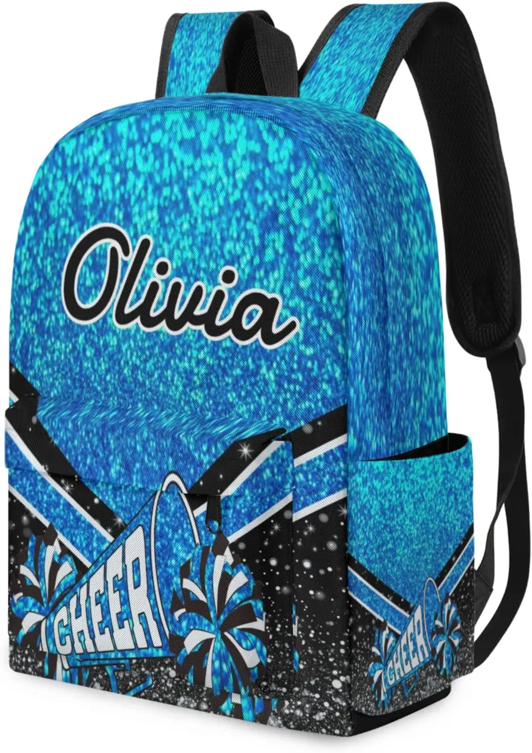 Personalized Cheer Backpacks for Cheerleader, Custom Name Large Capacity Casual Daypack, Blue Glitter 15 Inch Shoulder Bag