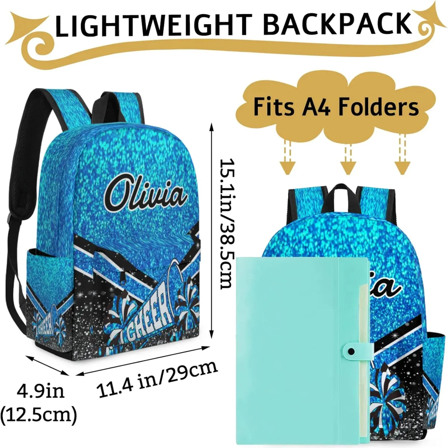 Personalized Cheer Backpacks for Cheerleader, Custom Name Large Capacity Casual Daypack, Blue Glitter 15 Inch Shoulder Bag