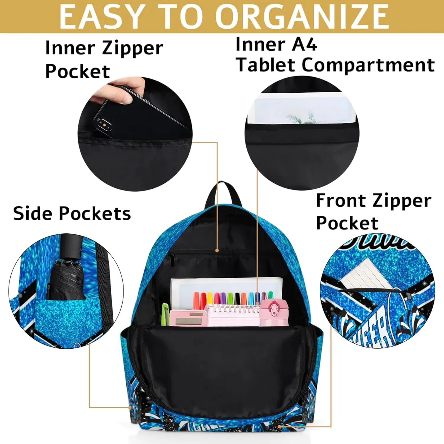 Personalized Cheer Backpacks for Cheerleader, Custom Name Large Capacity Casual Daypack, Blue Glitter 15 Inch Shoulder Bag
