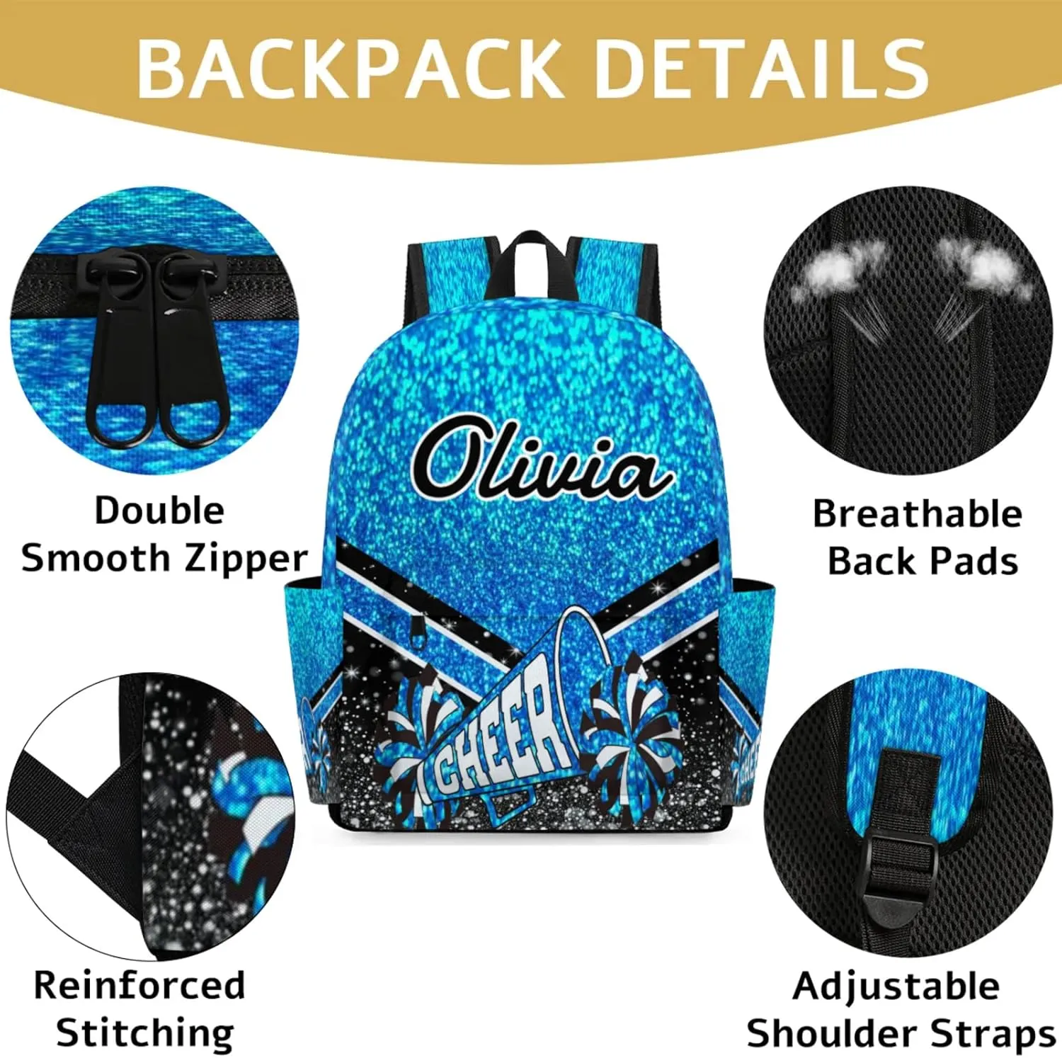 Personalized Cheer Backpacks for Cheerleader, Custom Name Large Capacity Casual Daypack, Blue Glitter 15 Inch Shoulder Bag