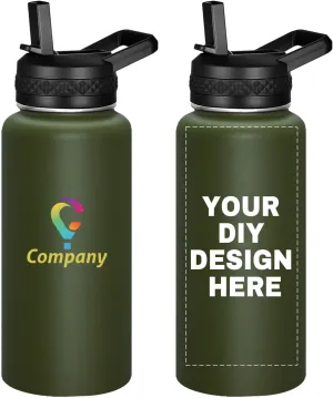 Personalized Custom Water Bottle with Text Photo Print in USA 32oz Double Wall Stainless Steel Leakproof Wide Mouth Cup with Flip Straw