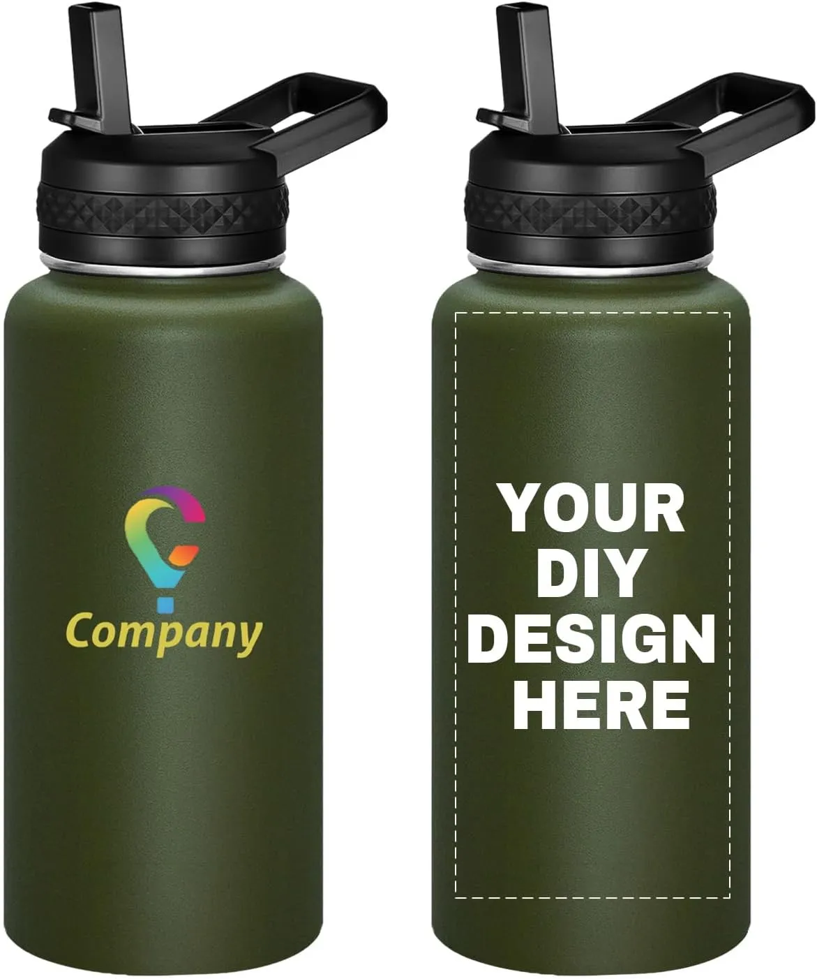 Personalized Custom Water Bottle with Text Photo Print in USA 32oz Double Wall Stainless Steel Leakproof Wide Mouth Cup with Flip Straw