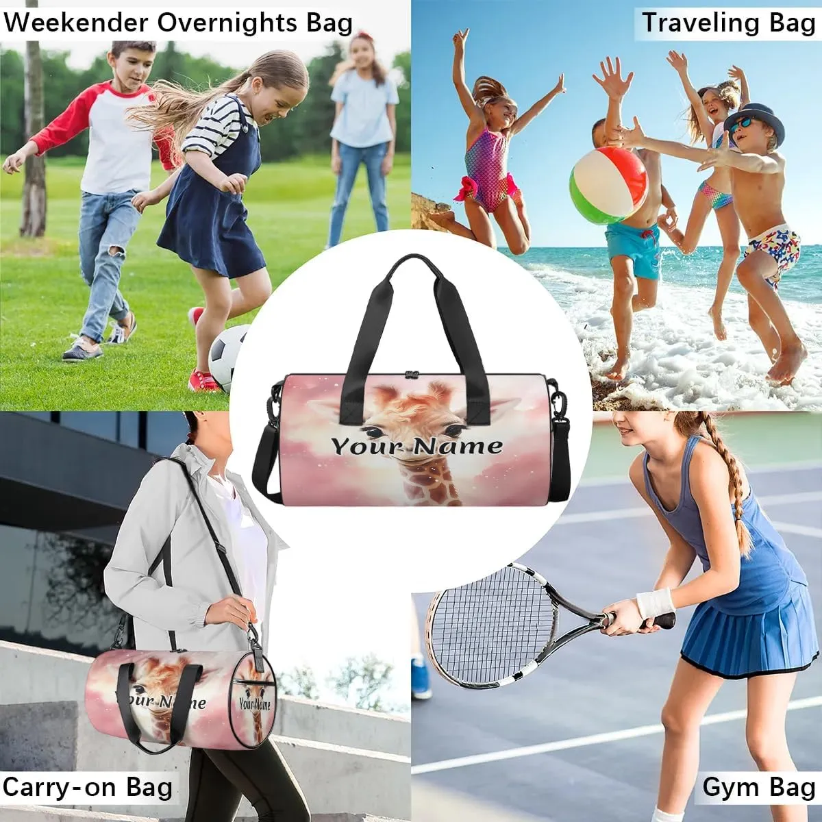 Personalized Duffel Bag for Women, Custom Giraffe Gym Bag for Sports, Waterproof Dance Bag with Name, Lightweight Carryon Gym Bag, Cute Giraffe