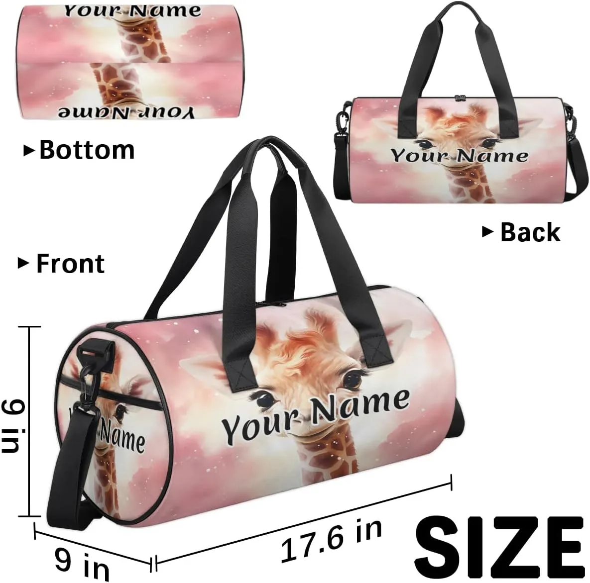 Personalized Duffel Bag for Women, Custom Giraffe Gym Bag for Sports, Waterproof Dance Bag with Name, Lightweight Carryon Gym Bag, Cute Giraffe