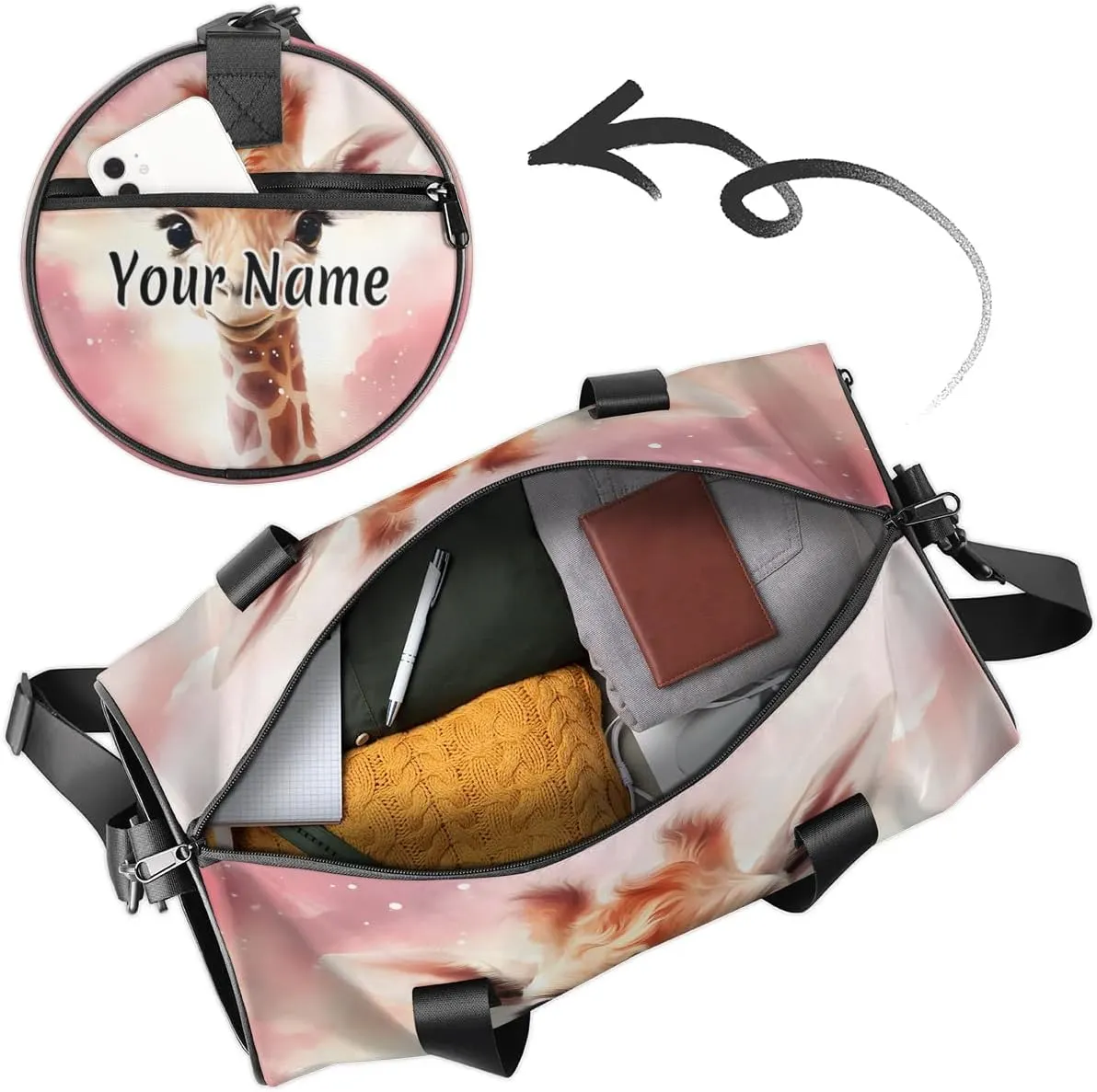 Personalized Duffel Bag for Women, Custom Giraffe Gym Bag for Sports, Waterproof Dance Bag with Name, Lightweight Carryon Gym Bag, Cute Giraffe