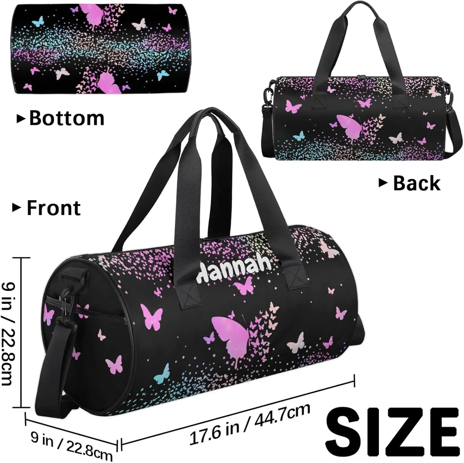 Personalized Duffel Bag with Name Butterfly Custom Travel Sports Bag for Women Men Round Waterproof Dance Ballet Bag Lightweight 17.6in, Rainbow Sparkly