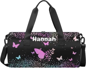 Personalized Duffel Bag with Name Butterfly Custom Travel Sports Bag for Women Men Round Waterproof Dance Ballet Bag Lightweight 17.6in, Rainbow Sparkly