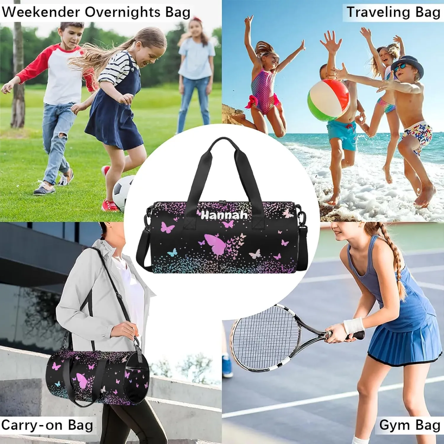 Personalized Duffel Bag with Name Butterfly Custom Travel Sports Bag for Women Men Round Waterproof Dance Ballet Bag Lightweight 17.6in, Rainbow Sparkly