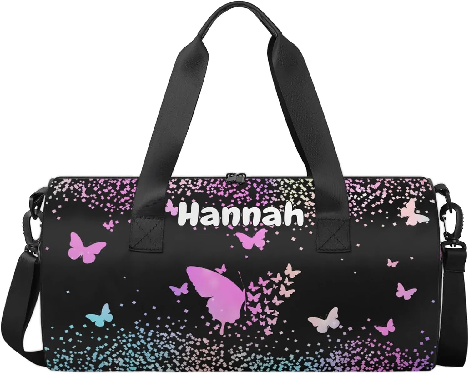 Personalized Duffel Bag with Name Butterfly Custom Travel Sports Bag for Women Men Round Waterproof Dance Ballet Bag Lightweight 17.6in, Rainbow Sparkly