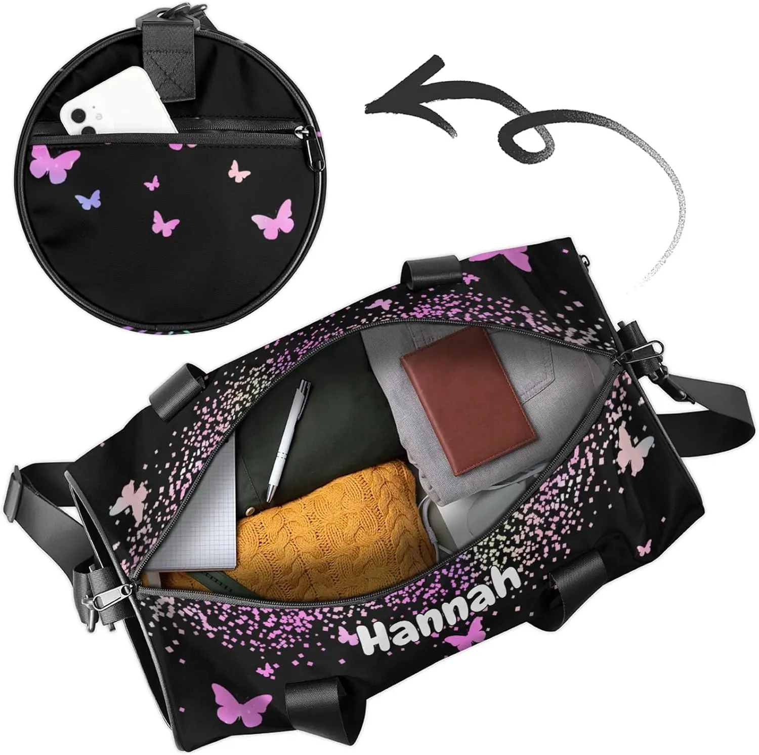 Personalized Duffel Bag with Name Butterfly Custom Travel Sports Bag for Women Men Round Waterproof Dance Ballet Bag Lightweight 17.6in, Rainbow Sparkly