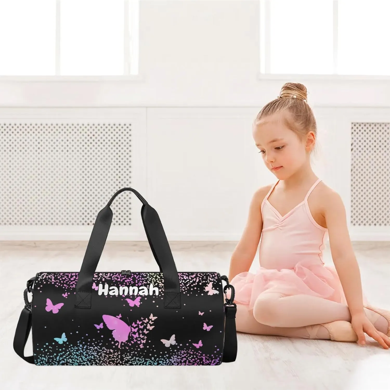 Personalized Duffel Bag with Name Butterfly Custom Travel Sports Bag for Women Men Round Waterproof Dance Ballet Bag Lightweight 17.6in, Rainbow Sparkly