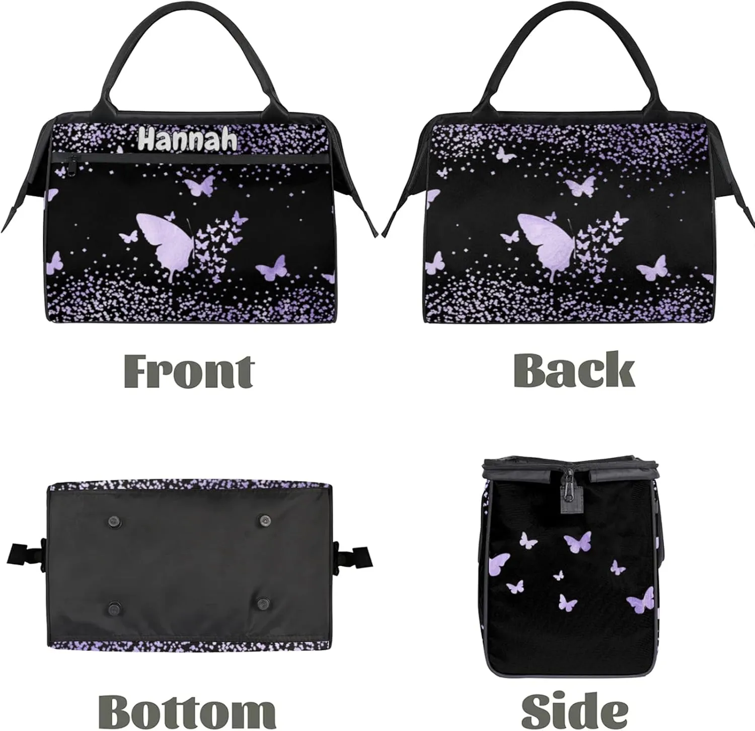Personalized Duffel Bag with Name Butterfly Custom Travel Sports Bag for Women Men Waterproof Dance Ballet Bag Lightweight 15.2in, Purple Fluid Glitter