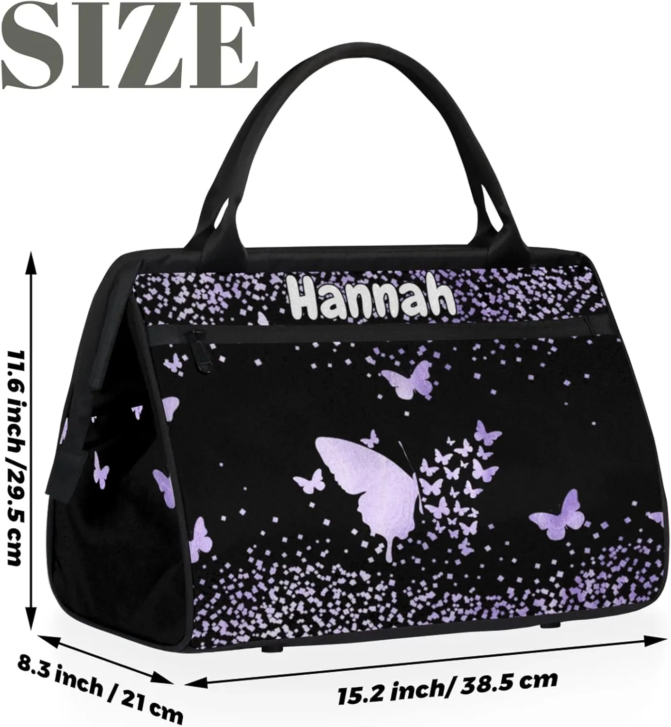 Personalized Duffel Bag with Name Butterfly Custom Travel Sports Bag for Women Men Waterproof Dance Ballet Bag Lightweight 15.2in, Purple Fluid Glitter