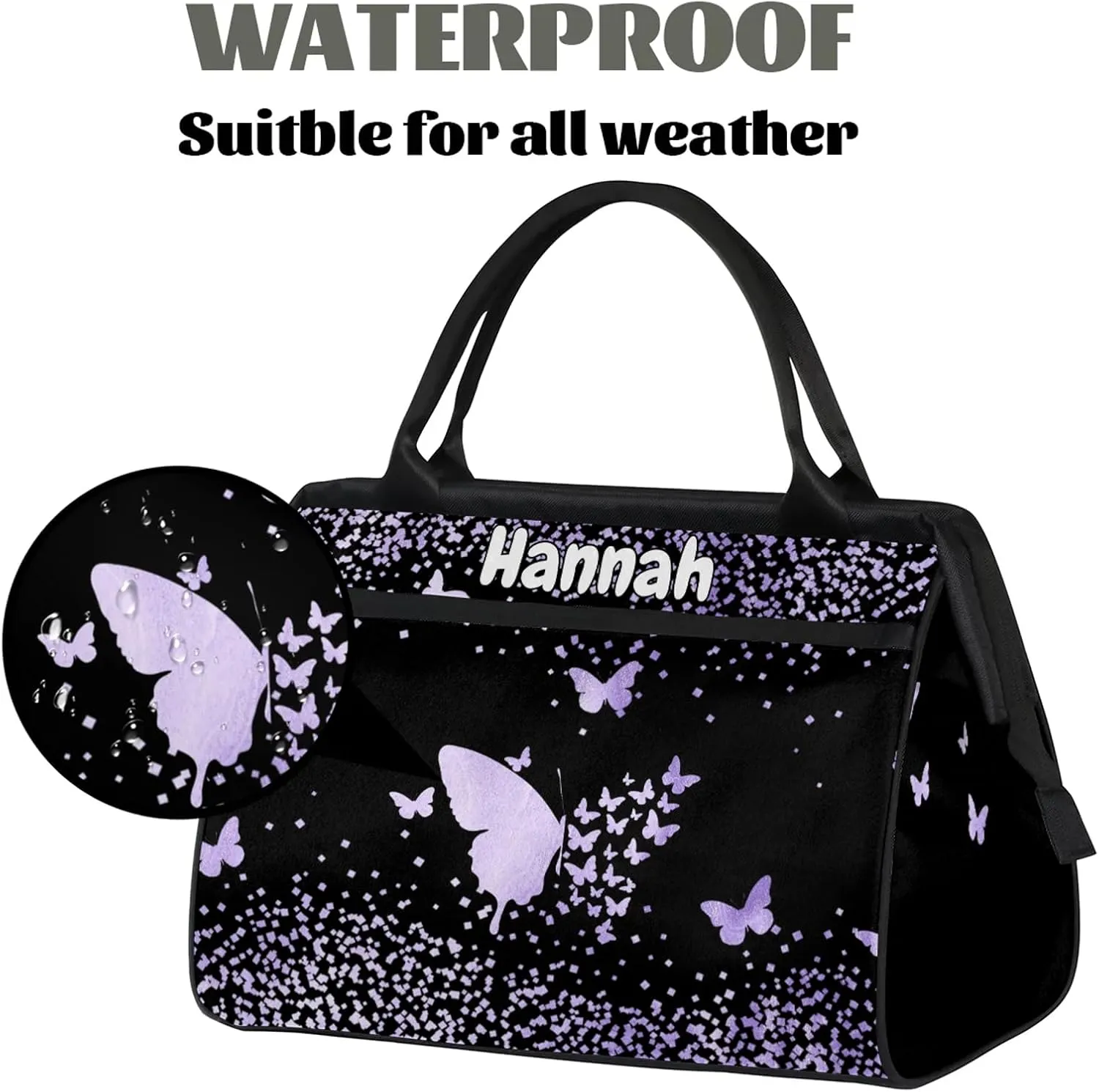 Personalized Duffel Bag with Name Butterfly Custom Travel Sports Bag for Women Men Waterproof Dance Ballet Bag Lightweight 15.2in, Purple Fluid Glitter
