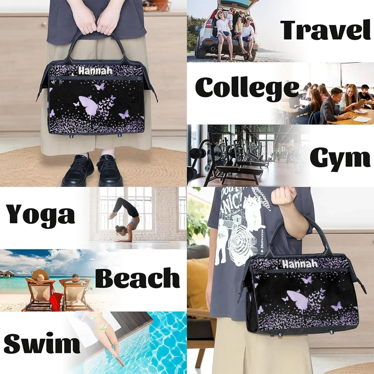 Personalized Duffel Bag with Name Butterfly Custom Travel Sports Bag for Women Men Waterproof Dance Ballet Bag Lightweight 15.2in, Purple Fluid Glitter