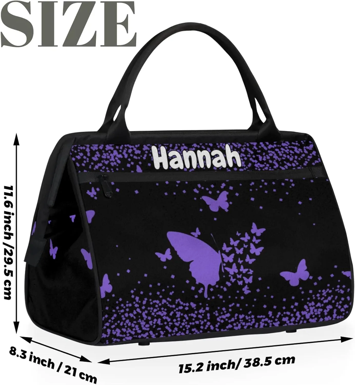 Personalized Duffel Bag with Name Butterfly Custom Travel Sports Bag for Women Men Waterproof Dance Ballet Bag Lightweight 15.2in, Purple