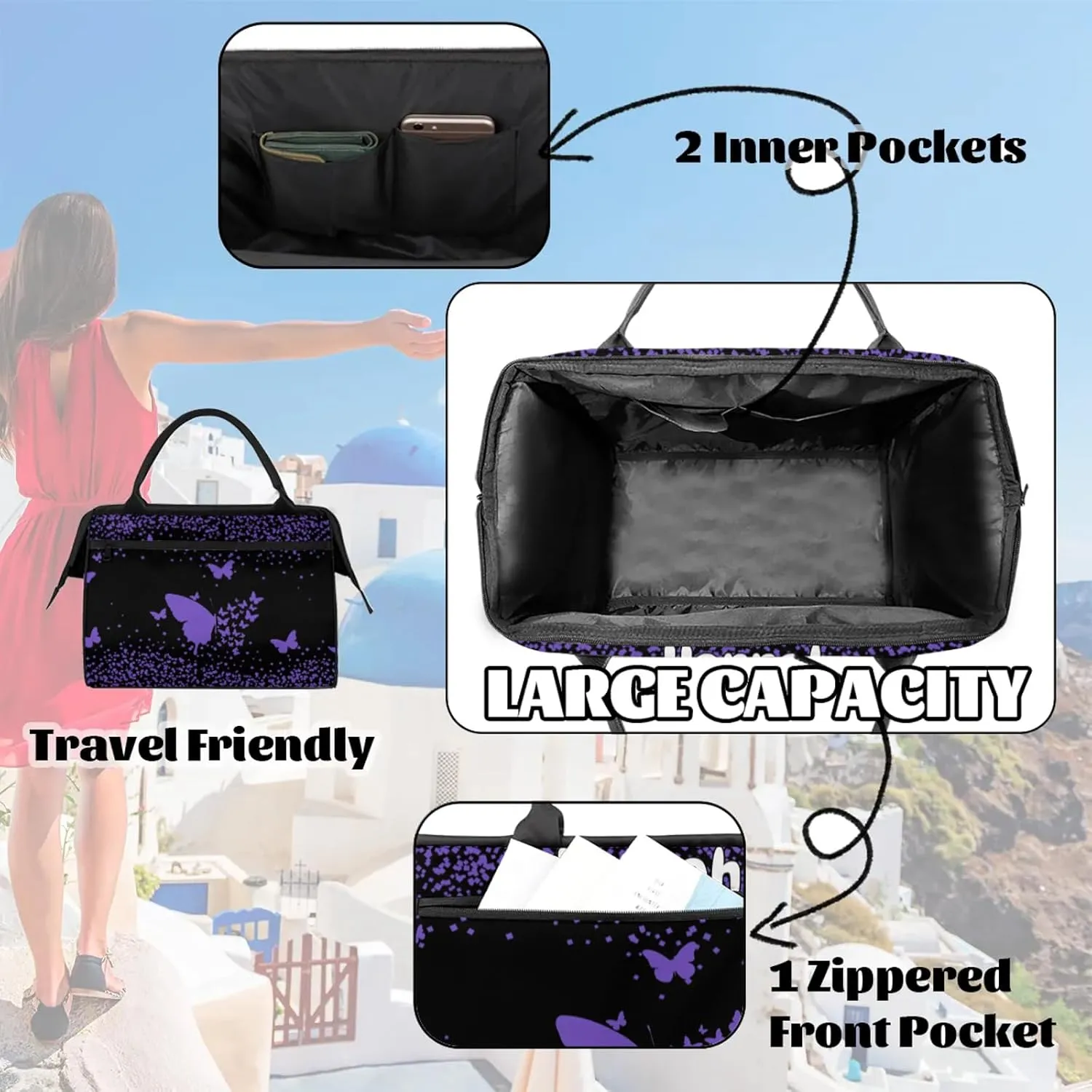 Personalized Duffel Bag with Name Butterfly Custom Travel Sports Bag for Women Men Waterproof Dance Ballet Bag Lightweight 15.2in, Purple