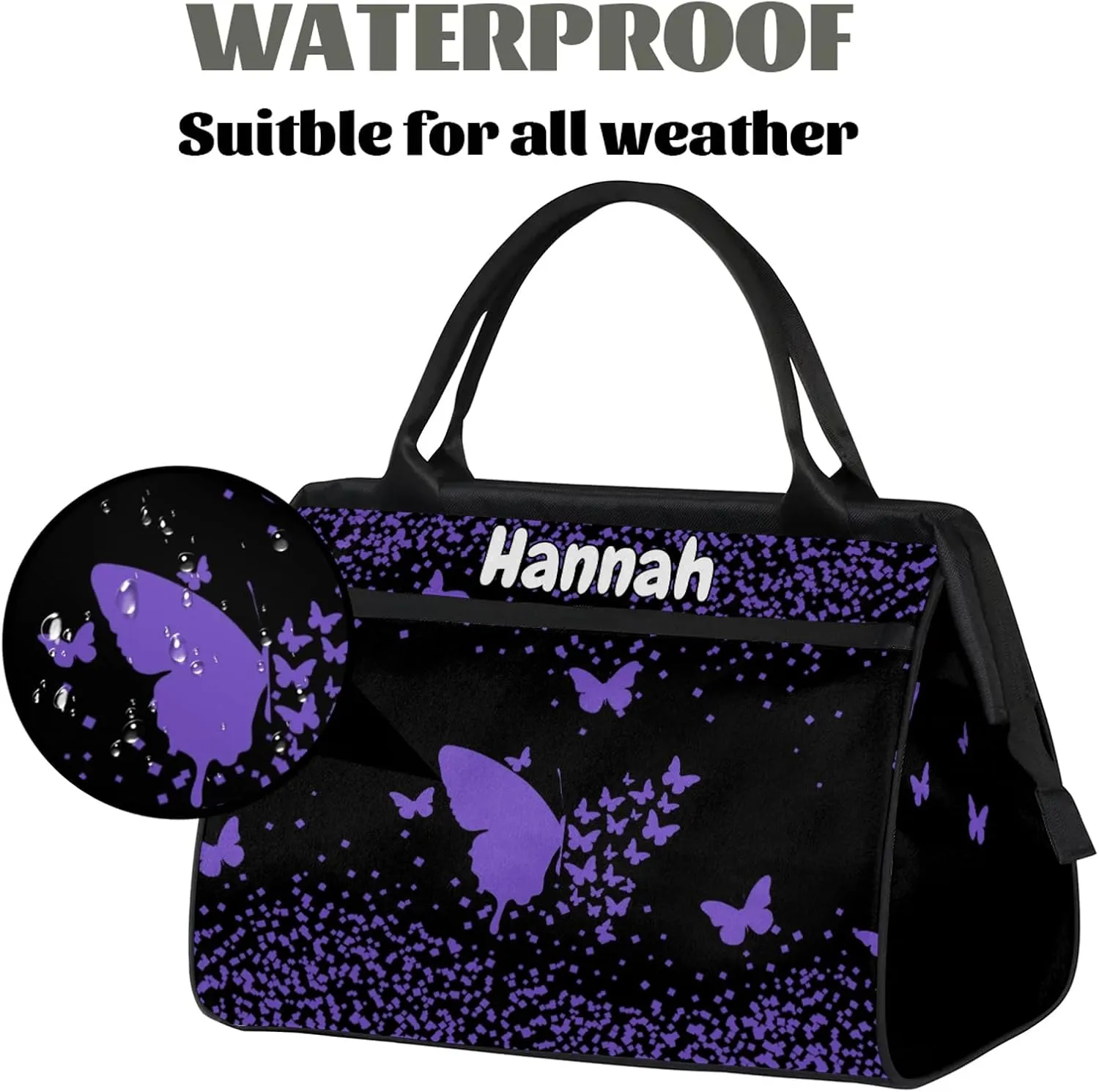 Personalized Duffel Bag with Name Butterfly Custom Travel Sports Bag for Women Men Waterproof Dance Ballet Bag Lightweight 15.2in, Purple