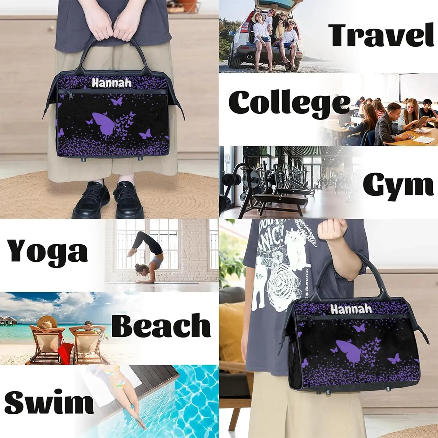 Personalized Duffel Bag with Name Butterfly Custom Travel Sports Bag for Women Men Waterproof Dance Ballet Bag Lightweight 15.2in, Purple