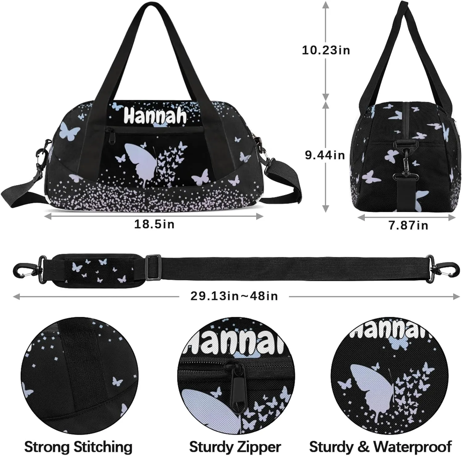 Personalized Duffel Bag with Name Butterfly Custom Travel Sports Bag for Women Men Waterproof Dance Ballet Bag Lightweight 18.5in, Sky Blue Pink