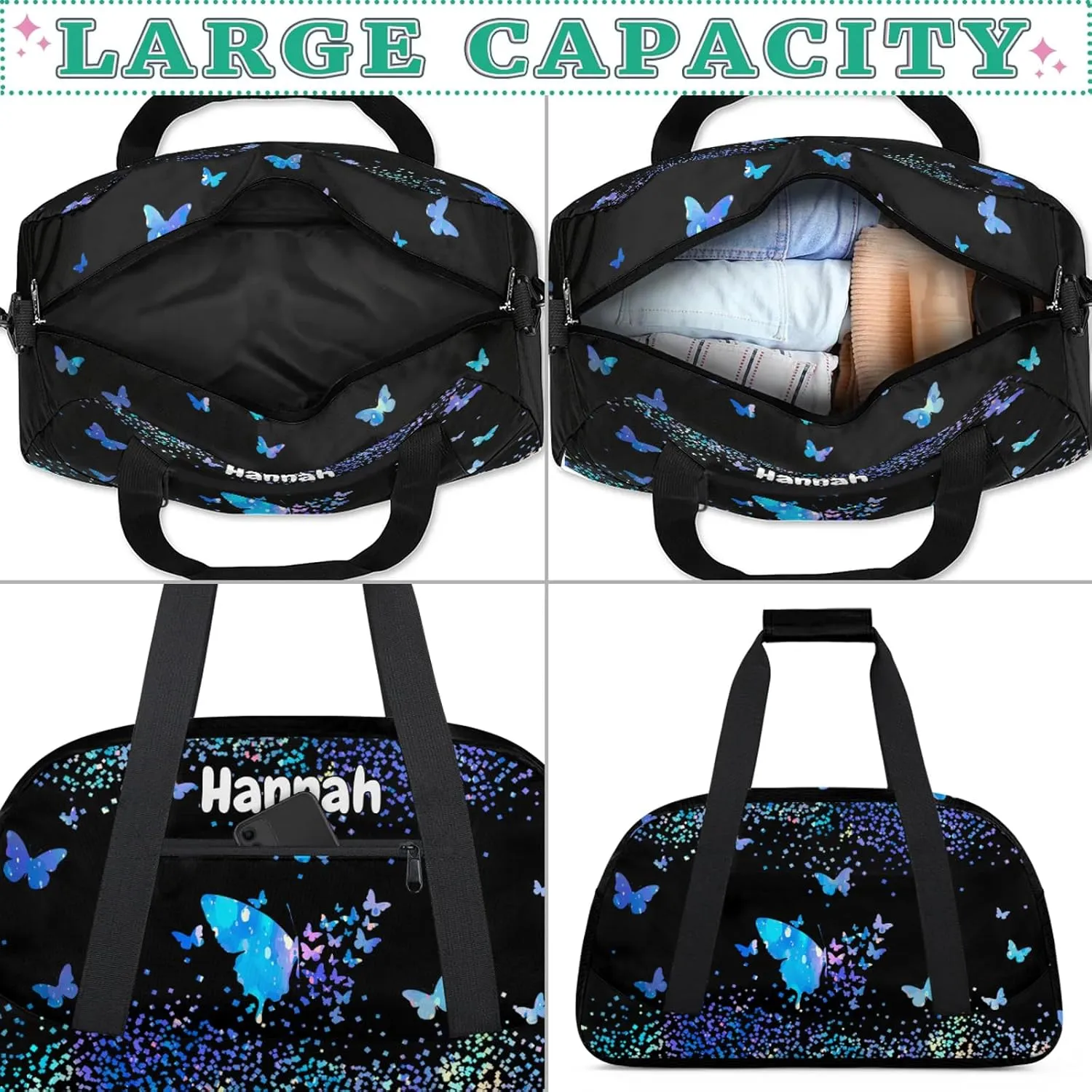 Personalized Duffel Bag with Name Butterfly Custom Travel Sports Bag for Women Men Waterproof Dance Ballet Bag Lightweight 18.9in, Blue