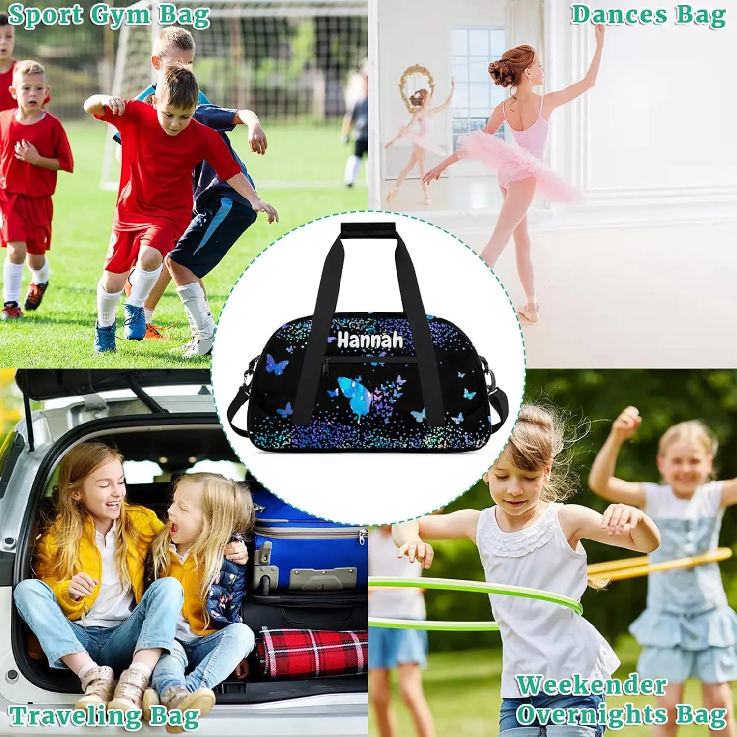 Personalized Duffel Bag with Name Butterfly Custom Travel Sports Bag for Women Men Waterproof Dance Ballet Bag Lightweight 18.9in, Blue