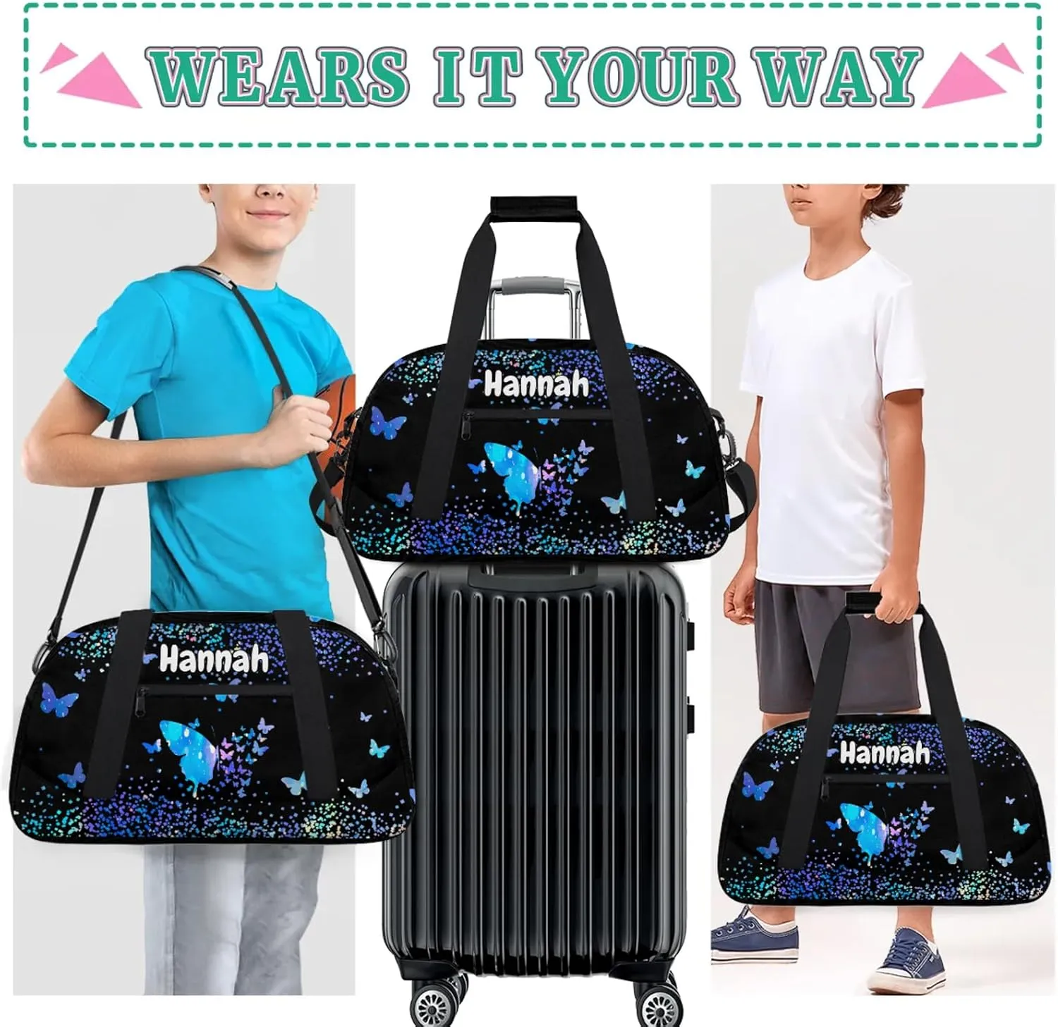 Personalized Duffel Bag with Name Butterfly Custom Travel Sports Bag for Women Men Waterproof Dance Ballet Bag Lightweight 18.9in, Blue