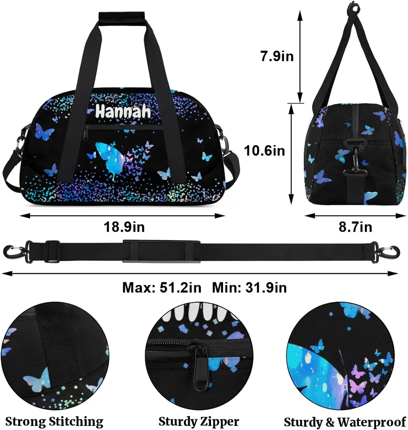 Personalized Duffel Bag with Name Butterfly Custom Travel Sports Bag for Women Men Waterproof Dance Ballet Bag Lightweight 18.9in, Blue