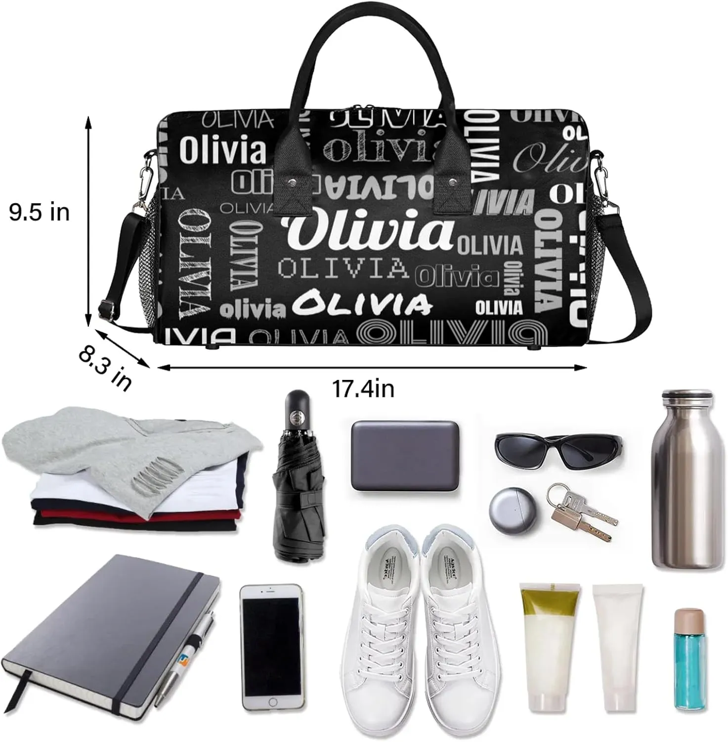Personalized Duffel Bag with Name Custom Travel Sports Bag for Women Men Waterproof Dance Ballet Bag Lightweight 17.4in, Black