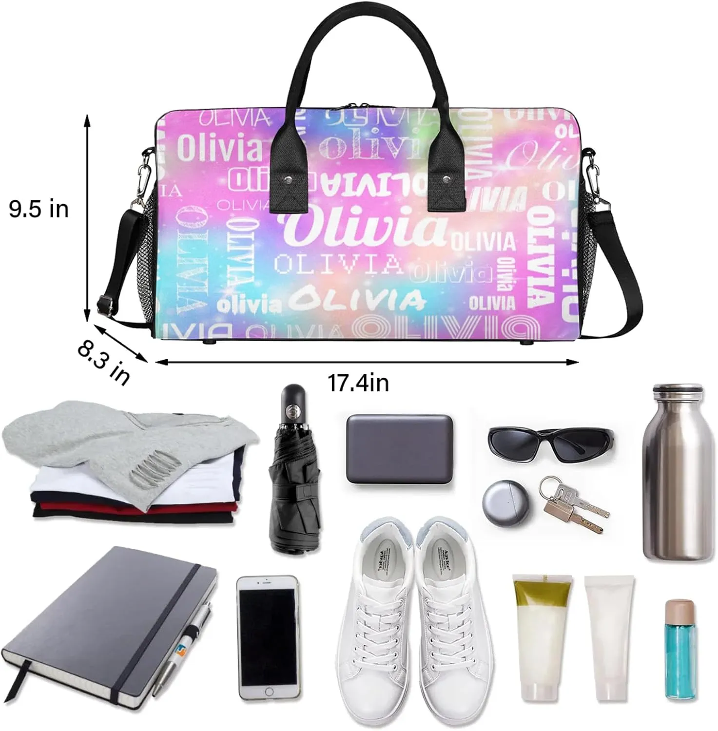 Personalized Duffel Bag with Name Custom Travel Sports Bag for Women Men Waterproof Dance Ballet Bag Lightweight 17.4in, Rainbow Sparkly