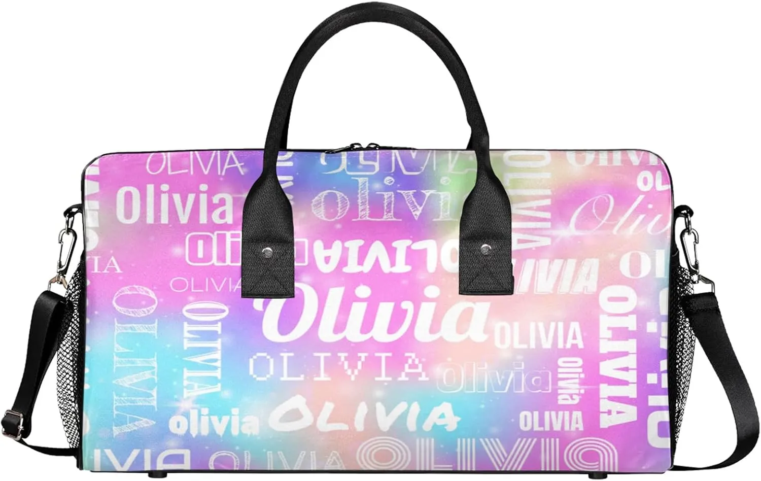 Personalized Duffel Bag with Name Custom Travel Sports Bag for Women Men Waterproof Dance Ballet Bag Lightweight 17.4in, Rainbow Sparkly
