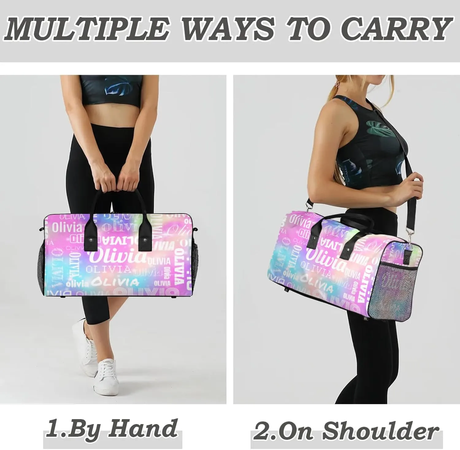 Personalized Duffel Bag with Name Custom Travel Sports Bag for Women Men Waterproof Dance Ballet Bag Lightweight 17.4in, Rainbow Sparkly