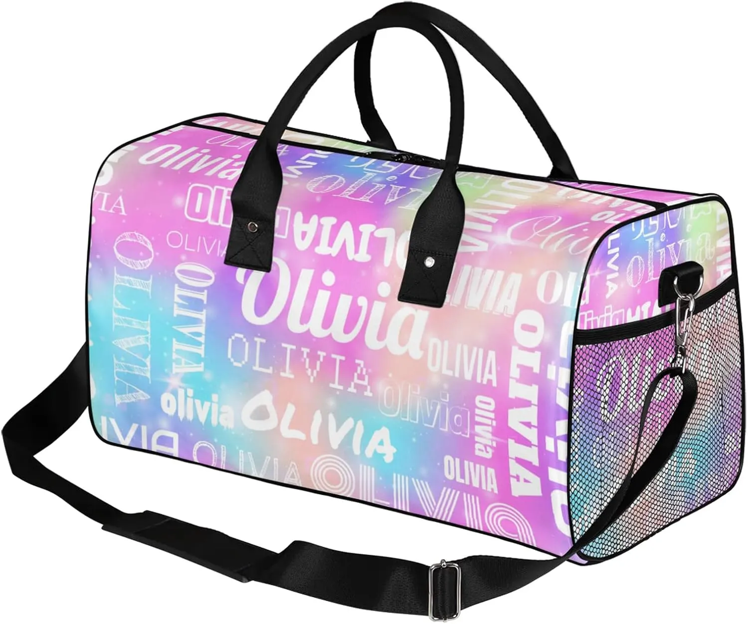 Personalized Duffel Bag with Name Custom Travel Sports Bag for Women Men Waterproof Dance Ballet Bag Lightweight 17.4in, Rainbow Sparkly