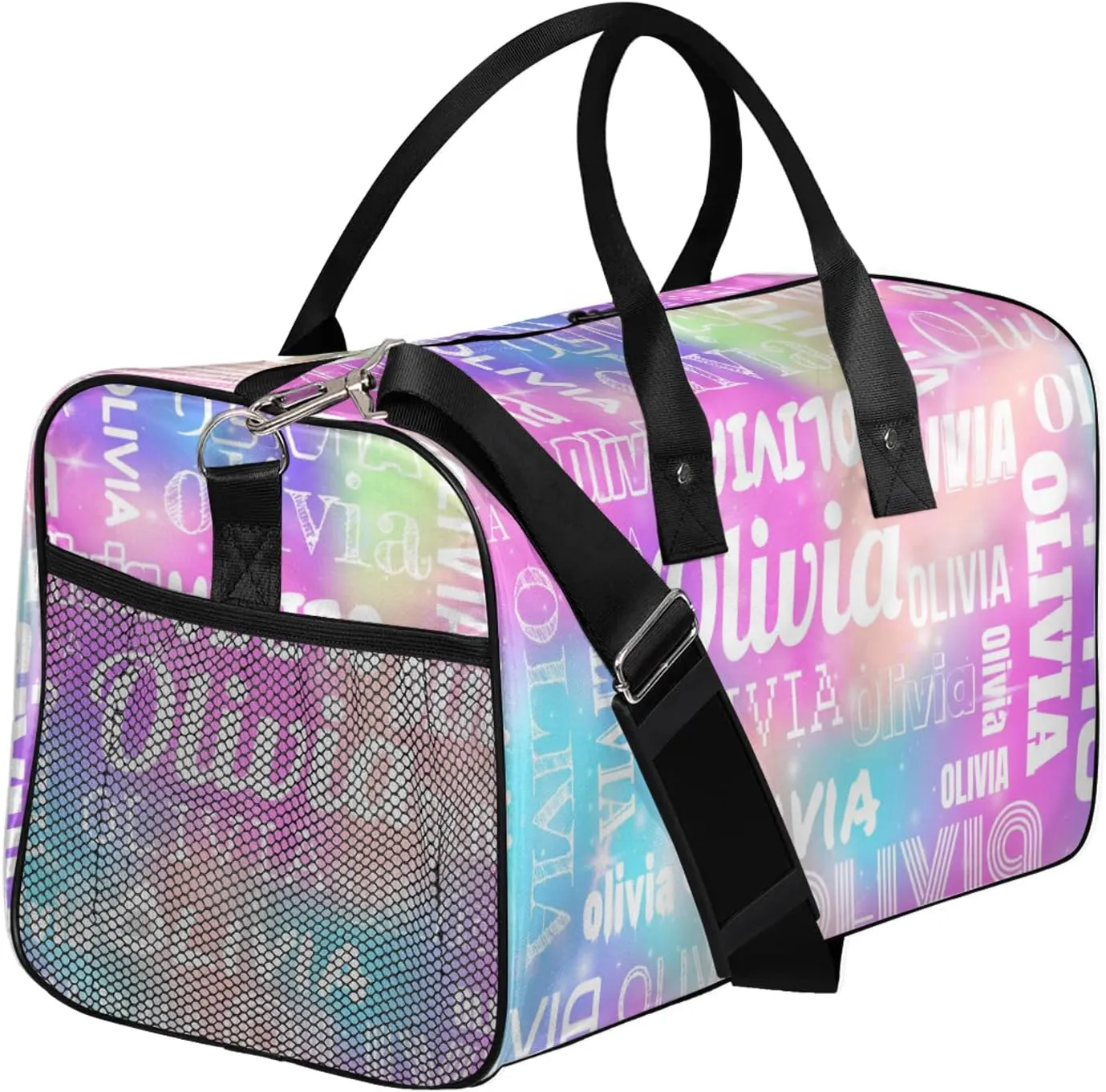 Personalized Duffel Bag with Name Custom Travel Sports Bag for Women Men Waterproof Dance Ballet Bag Lightweight 17.4in, Rainbow Sparkly