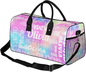 Personalized Duffel Bag with Name Custom Travel Sports Bag for Women Men Waterproof Dance Ballet Bag Lightweight 17.4in, Rainbow Sparkly