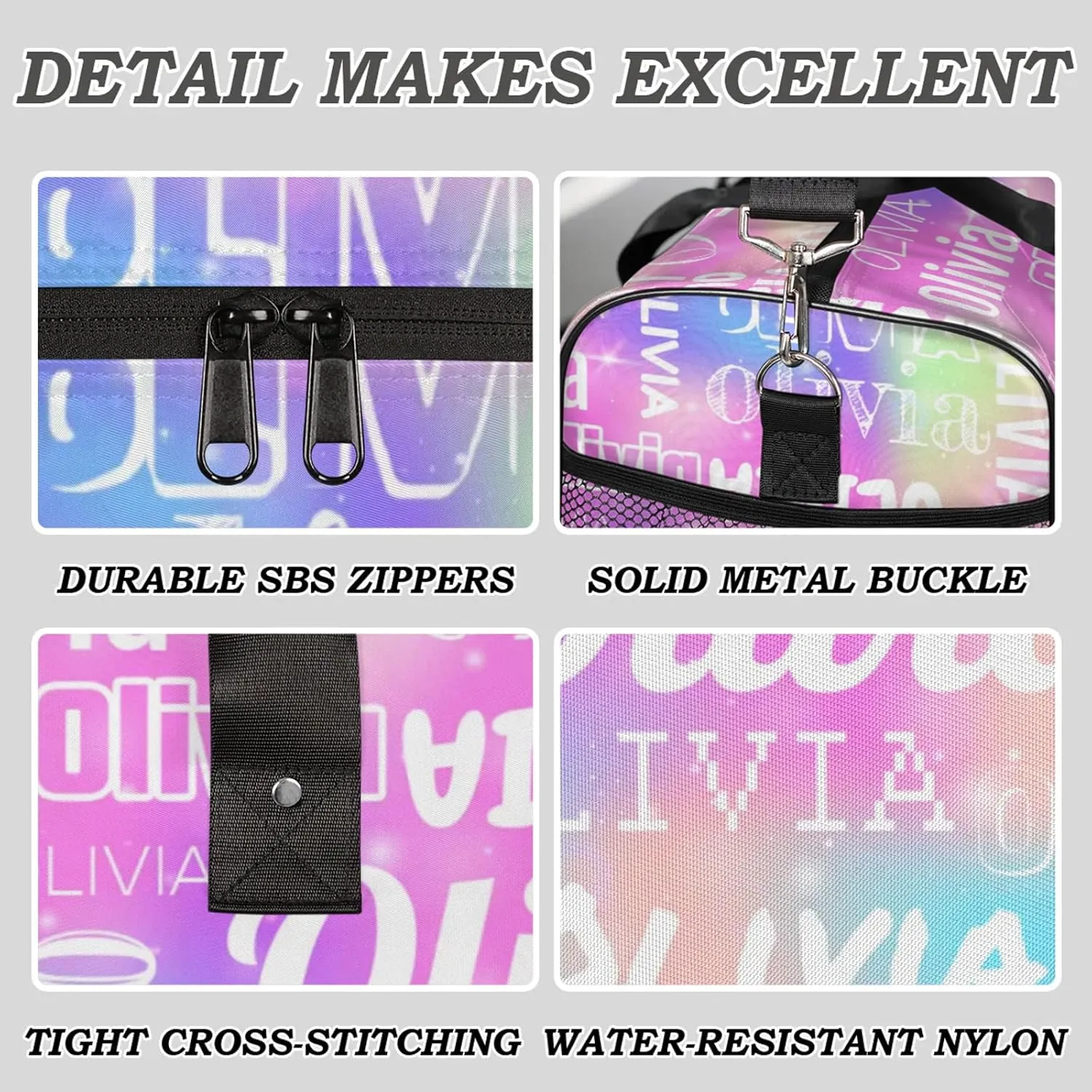 Personalized Duffel Bag with Name Custom Travel Sports Bag for Women Men Waterproof Dance Ballet Bag Lightweight 17.4in, Rainbow Sparkly