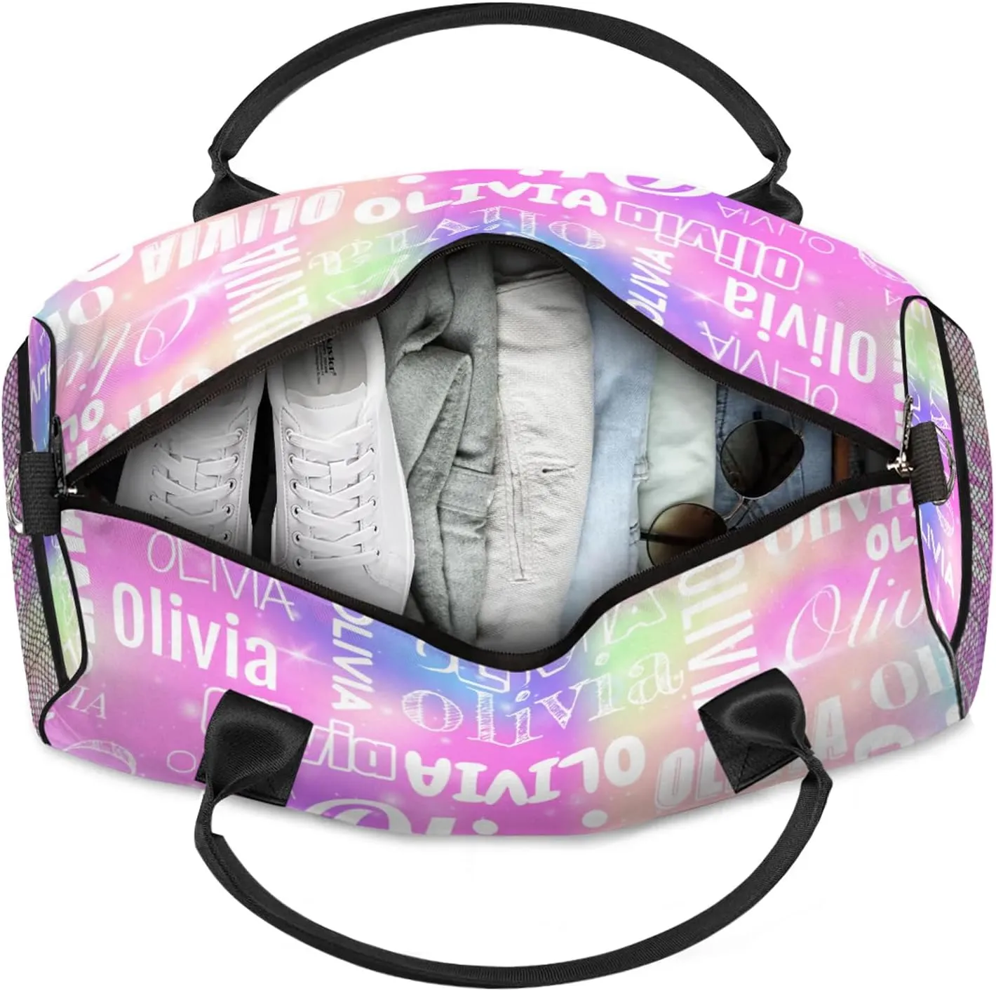 Personalized Duffel Bag with Name Custom Travel Sports Bag for Women Men Waterproof Dance Ballet Bag Lightweight 17.4in, Rainbow Sparkly