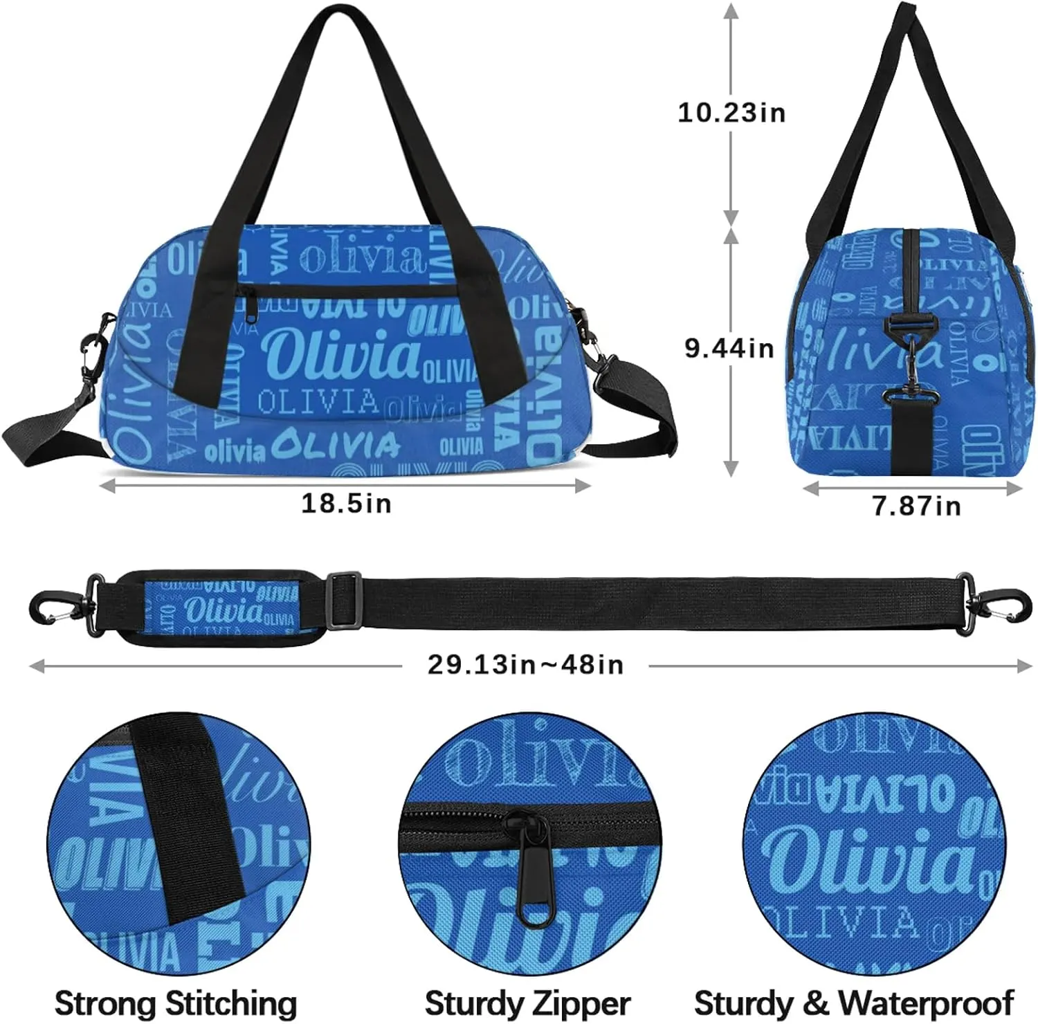 Personalized Duffel Bag with Name Custom Travel Sports Bag for Women Men Waterproof Dance Ballet Bag Lightweight 18.5in, Blue
