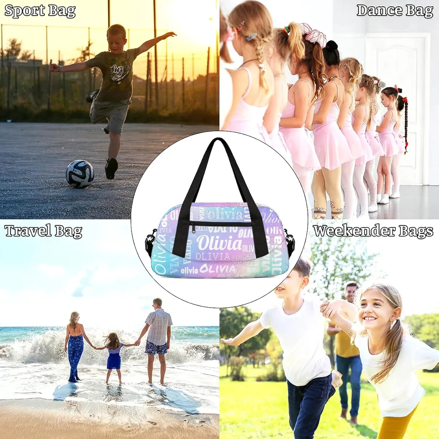 Personalized Duffel Bag with Name Custom Travel Sports Bag for Women Men Waterproof Dance Ballet Bag Lightweight 18.5in, Gradient Blue Purple