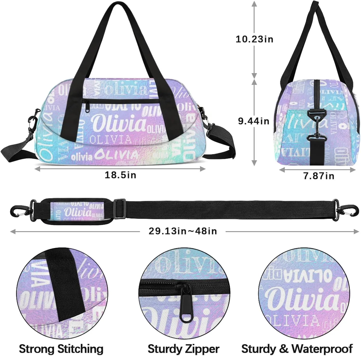 Personalized Duffel Bag with Name Custom Travel Sports Bag for Women Men Waterproof Dance Ballet Bag Lightweight 18.5in, Gradient Blue Purple