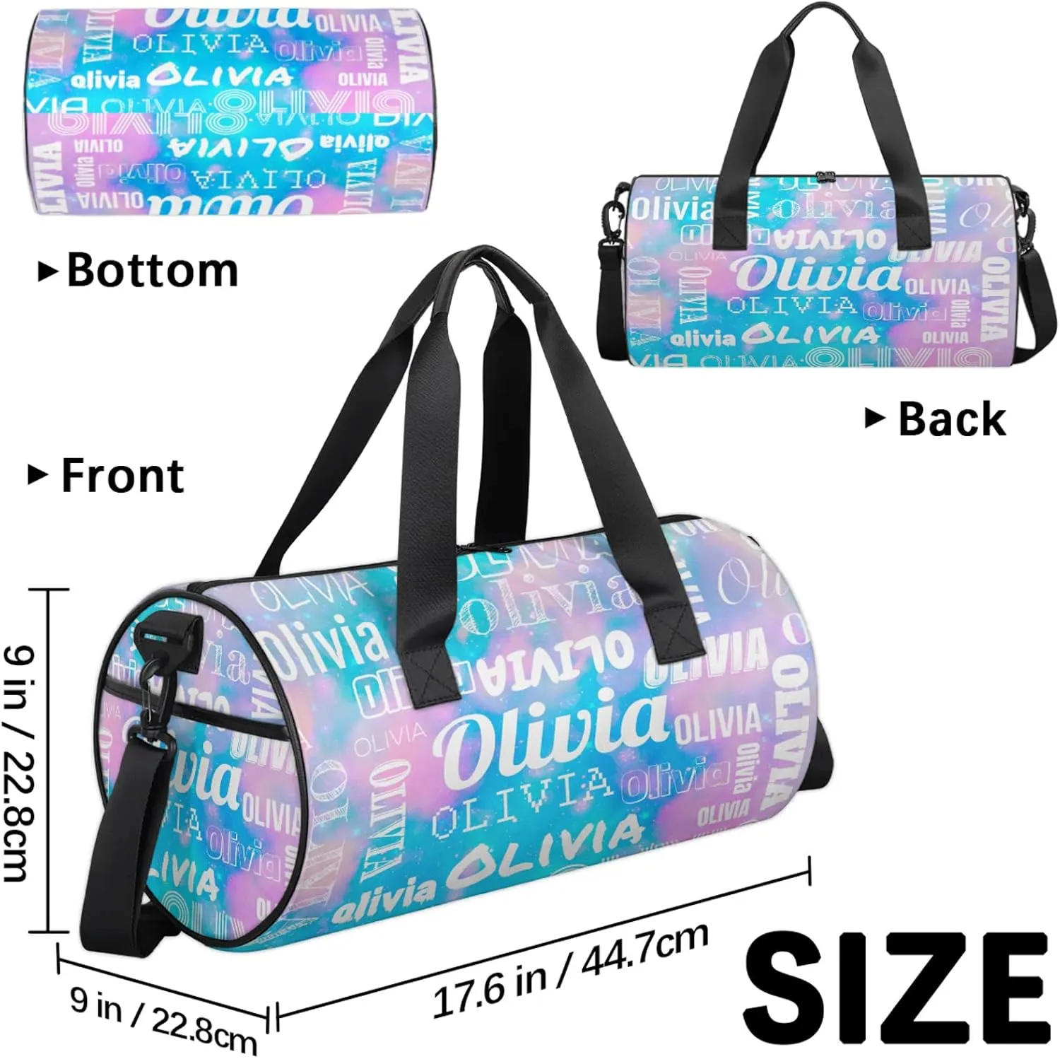Personalized Duffel Bag with Name Custom Travel Sports Bag for Women Men Waterproof Round Dance Ballet Bag Lightweight 17.6in, Blue Pink Glitter
