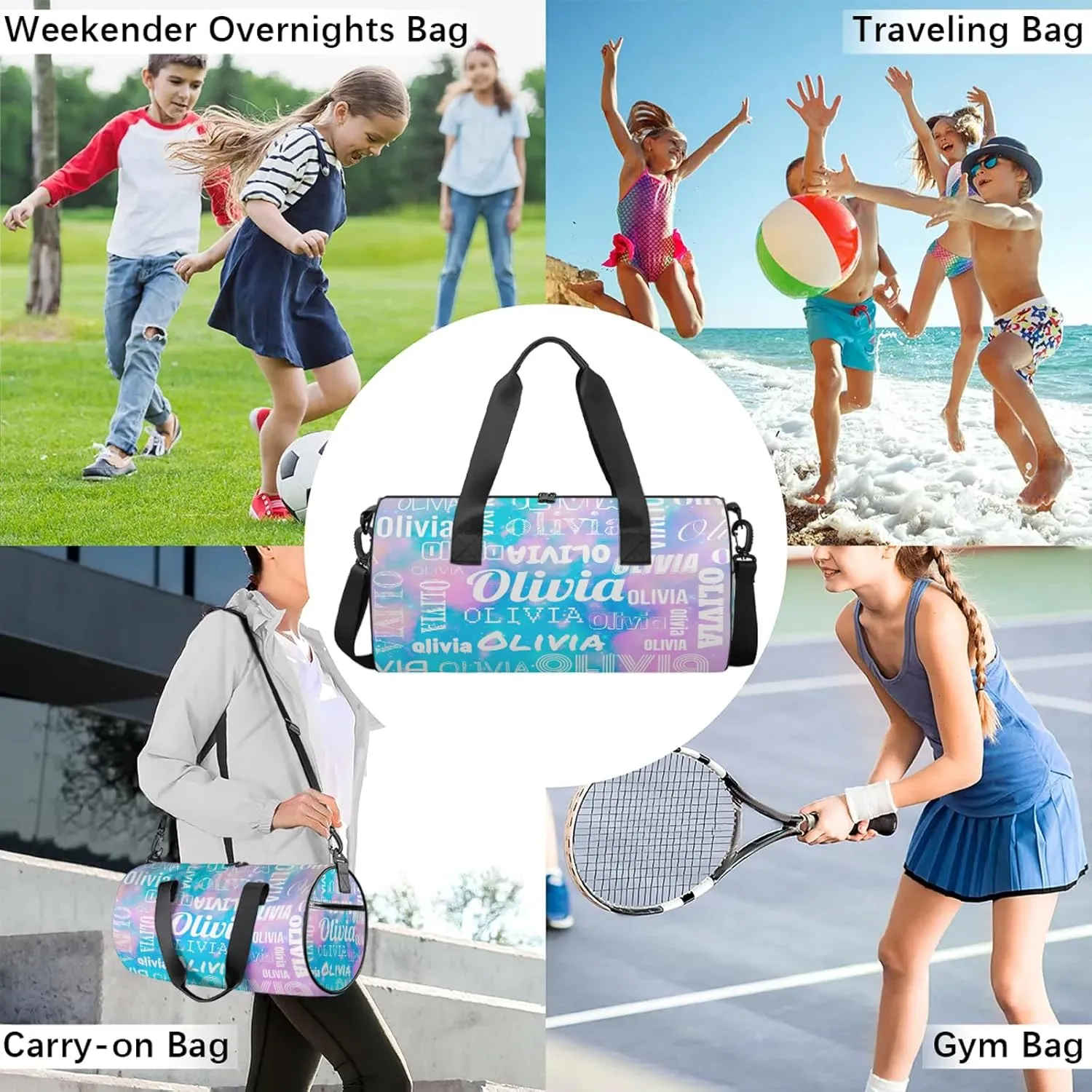 Personalized Duffel Bag with Name Custom Travel Sports Bag for Women Men Waterproof Round Dance Ballet Bag Lightweight 17.6in, Blue Pink Glitter