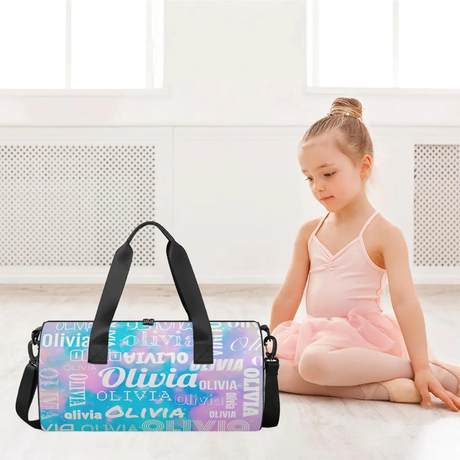 Personalized Duffel Bag with Name Custom Travel Sports Bag for Women Men Waterproof Round Dance Ballet Bag Lightweight 17.6in, Blue Pink Glitter